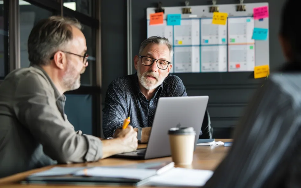 Two businessmen having a conversation in a meeting room