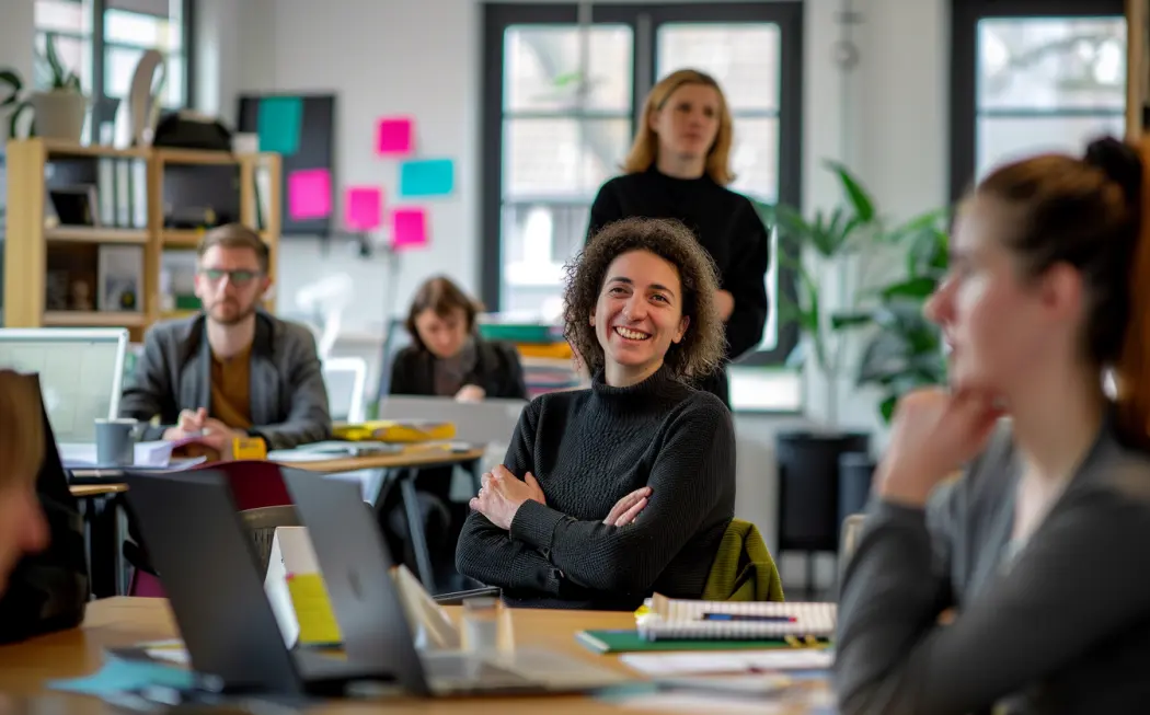 A team in the office discussing during a threat modeling workshop